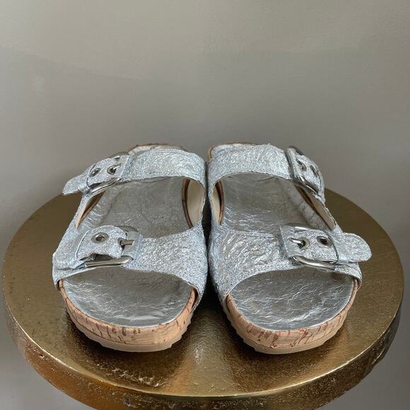 Stuart Weitzman Metallic Silver Leather Sandals | 6.5, Rare Birkinstock Style - Picture 6 of 9